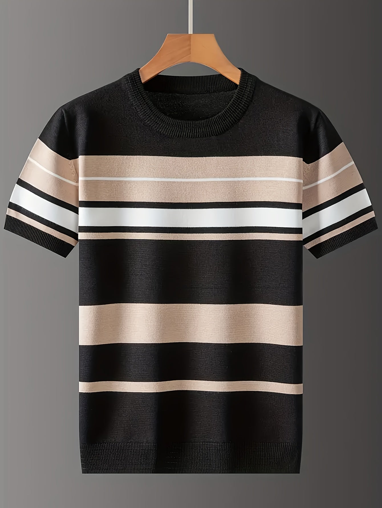New Men'S Short-Sleeve Knitted T-Shirt for Summer, Trendy Brand with a Round Neck, Stylish Casual Striped Tee, Fashionable Men'S Clothing.