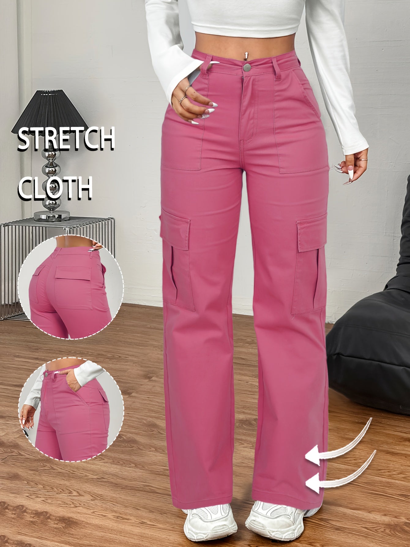 Jeans Cargo Femme – Taille Haute, Beige, Poches Multiples, Jambe Droite, Style Streetwear Hip-Hop