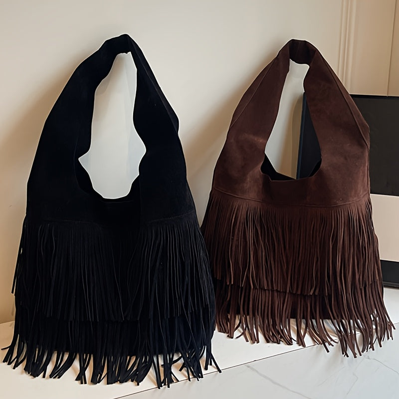 Sac Cabas Femme  Bordeaux à Franges avec Fermeture Éclair et Détails à Franges – Sac à Main Style Tote, Bandoulière Fixe, Sans Fermeture Supplémentaire – Couleurs : Café / Marron / Noir / Bleu Marine / Bordeaux