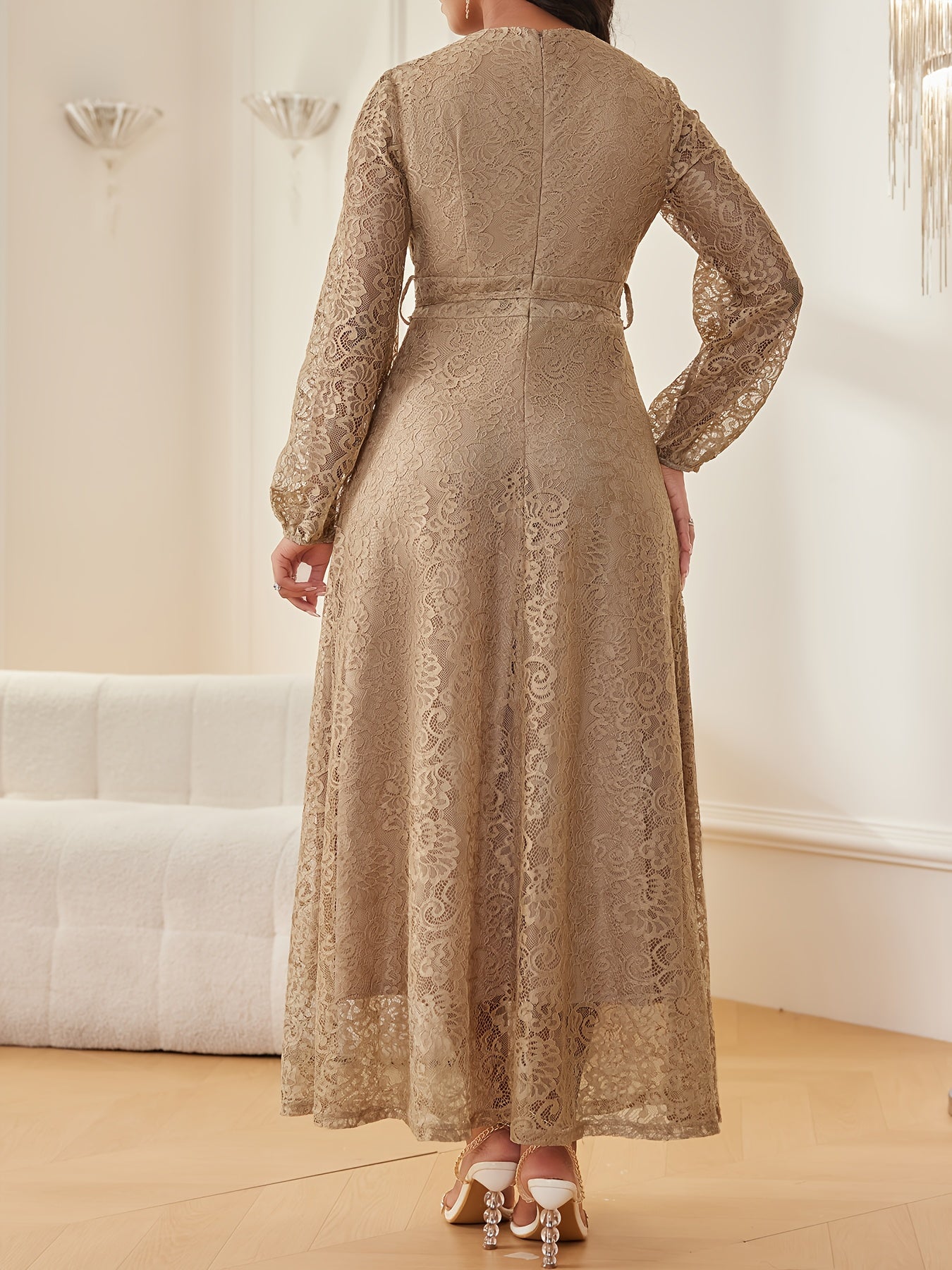 Robe Femme Printemps/Automne – Élégante et Tendance, Pour Bureau ou Fête, Dentelle Florale, Couleur Unie, Semi-Transparente avec Ceinture et Doublure, Col V, Faux Boutons avec Fermeture Éclair, Manches Longues, Jupe Évasée Maxi