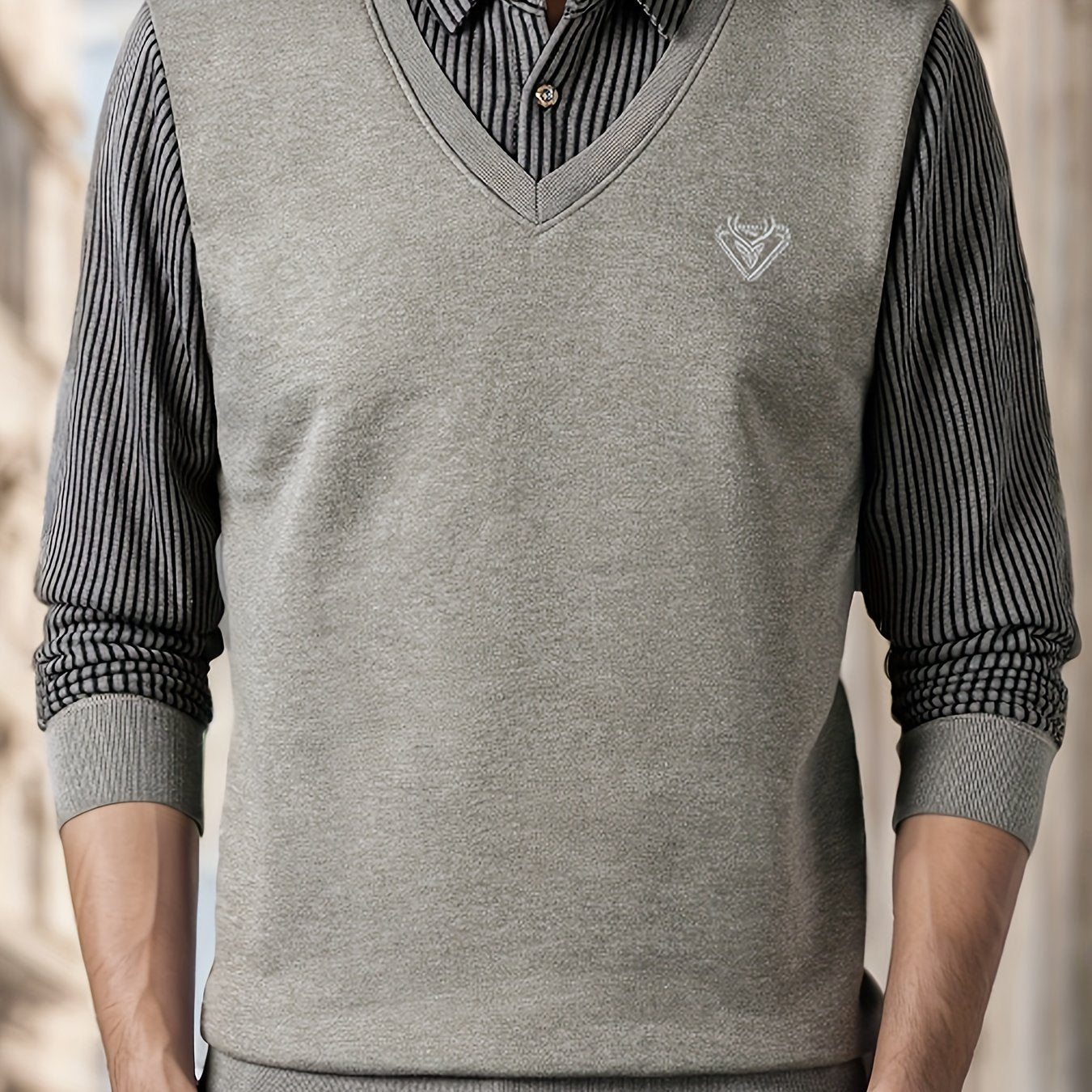 Men's Casual Knit Polyester Sweater - Long Sleeve Layered-Look Lapel Collar with Striped Pattern and Embroidered Detail - Perfect for Sports, Travel, and Office Wear - Spring/Fall Lightweight Stretch Pullover