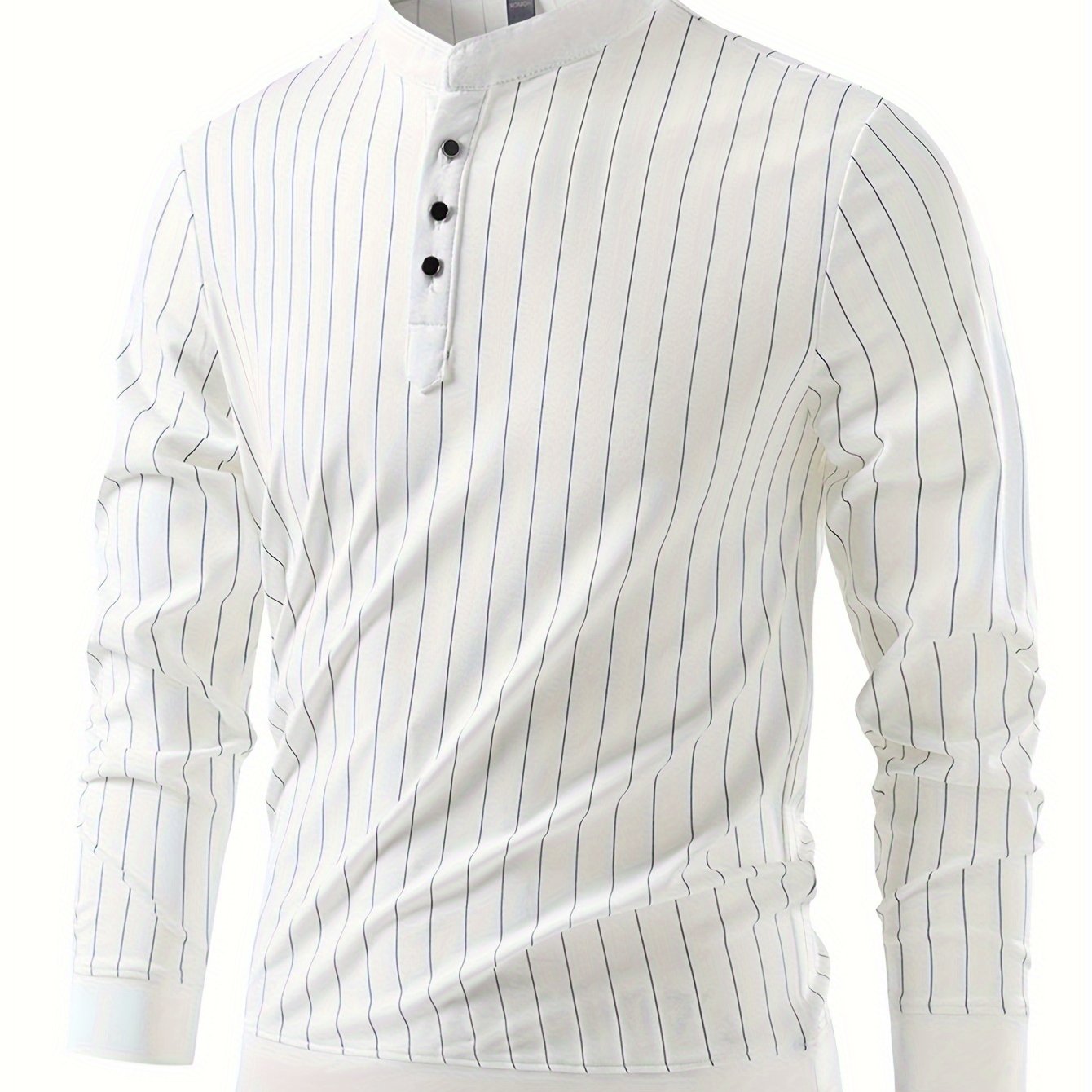 Mens Slimming Vertical Striped Long Sleeve T-Shirt - Light Business Style, Stand Collar, Four-Season Comfort, Regular Fit, Black with Dark Stripes, Hand Wash Only, Casual Wear, Elegant Pullover, Durable Casual Wear