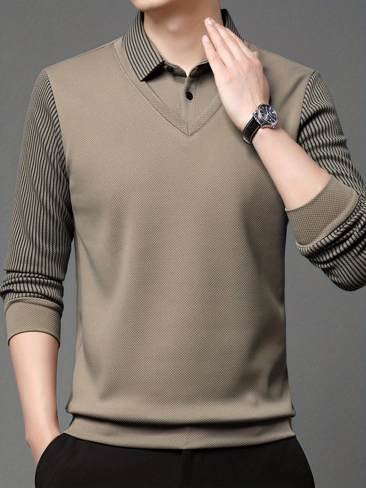 Men's Casual Long Sleeve Polo Shirt - Polyester & Spandex Blend, Lapel Collar, Slight Stretch Striped Fabric, Regular Fit Knit Half-Placket Pullover for Spring/Fall