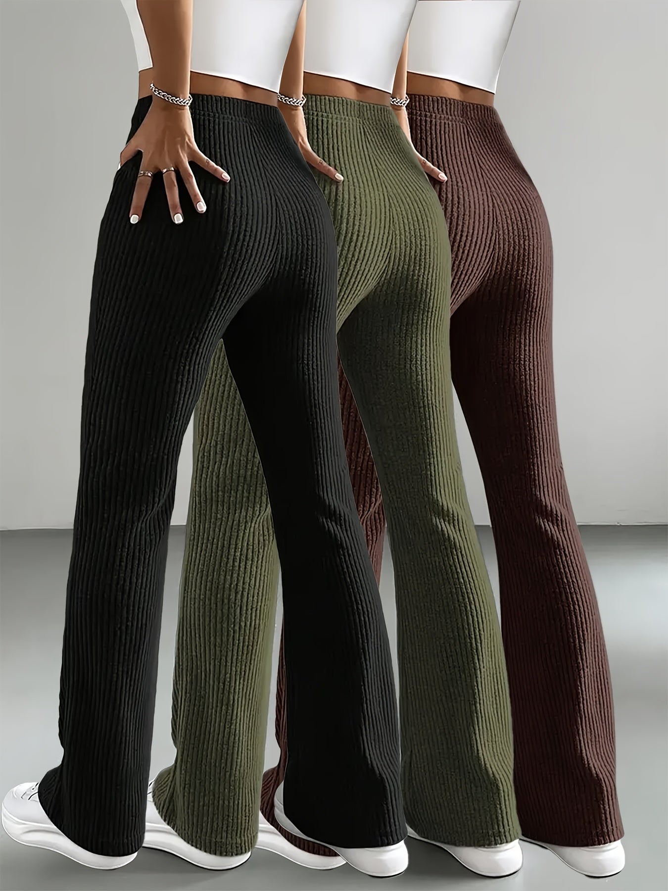 Lot de 3 Pantalons Automne-Hiver – Taille Élastique, Droits Évasés, Côtelés et Rayés, Longs