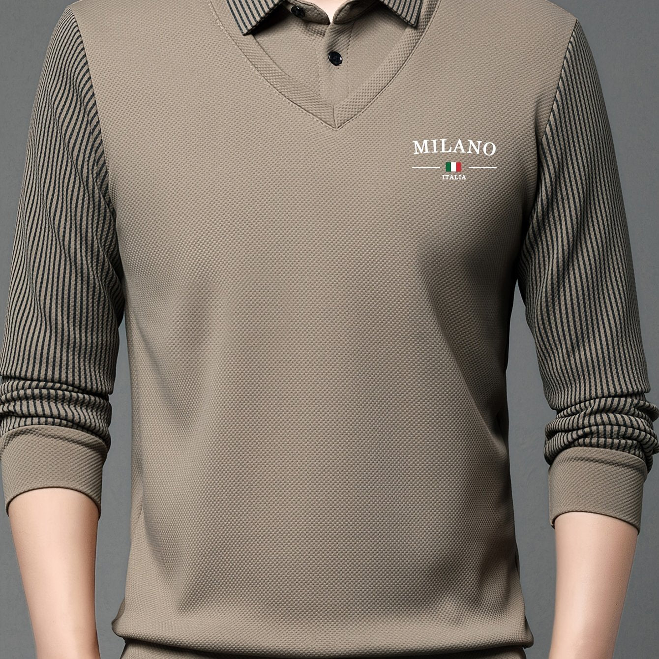 Men's All-Season Long Sleeve Shirt - Dark Green with White Contrast Collar &, Italian-Inspired Logo (Milano Italy Flag), Button-Front Placket, Casual to Smart-Casual Wear, Versatile for, Office & Everyday - Regular Fit