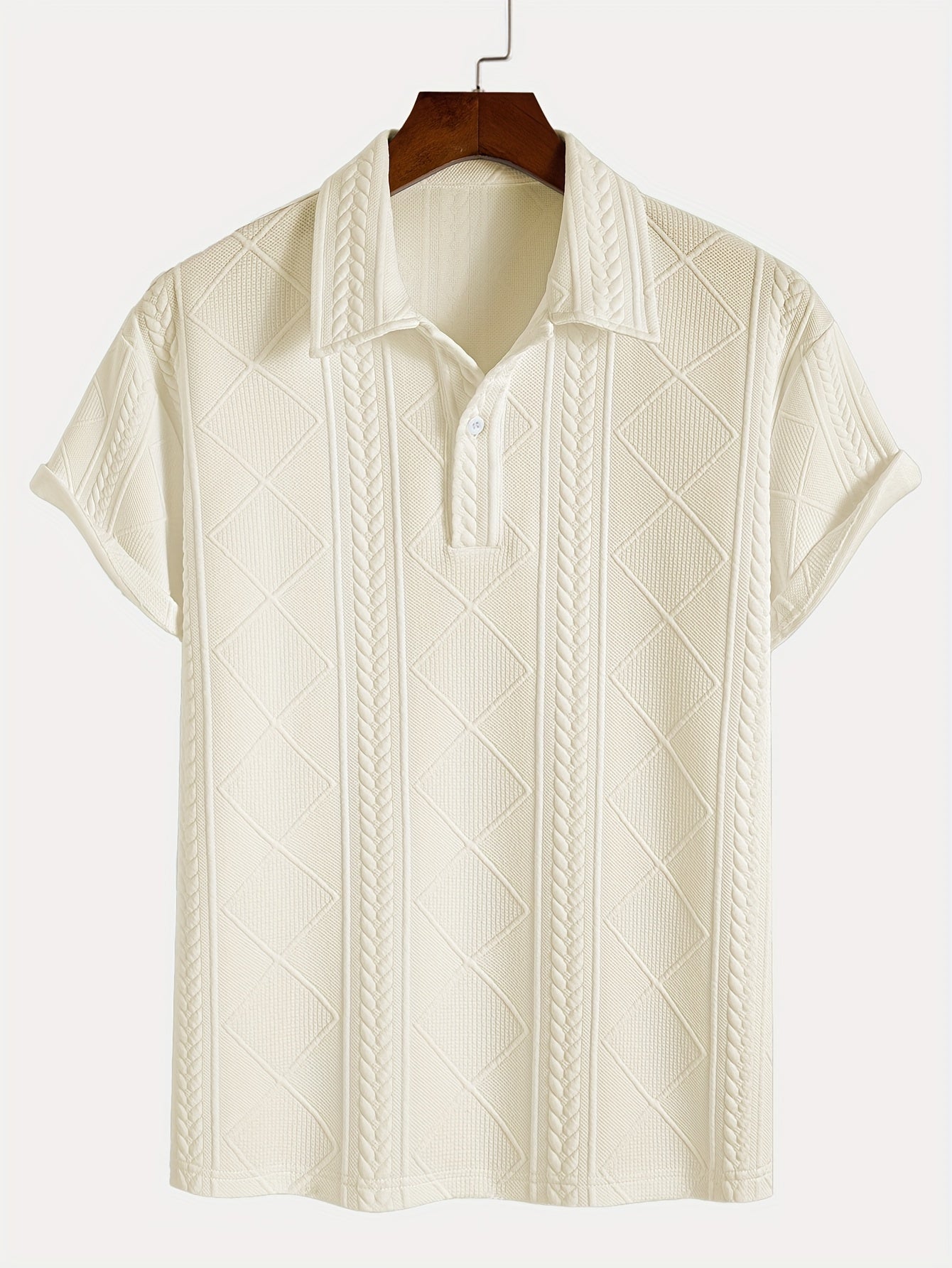 Men'S Stylish Knitted Polo Shirt with Wheat Ear Geometric Patterns, Made from Skin-Friendly Material, Featuring a 4/1 Button Half-Placket, Perfect for Casual Wear, Simple And Versatile for Commuting, Trendy And Fashionable