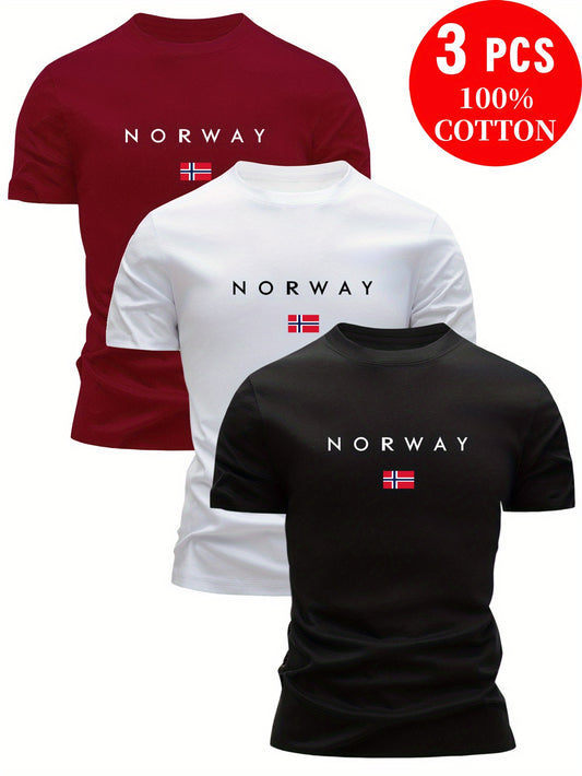 3pcs Men'S 100% Cotton T-Shirts - Breathable & Sweat-Wicking, Slim Fit Crew Neck Tops with "NORWAY" Graphic Print, Lightweight Summer Casual Tees in Light Blue, White, & Black, Cotton T Shirts, Sweat-Resistant