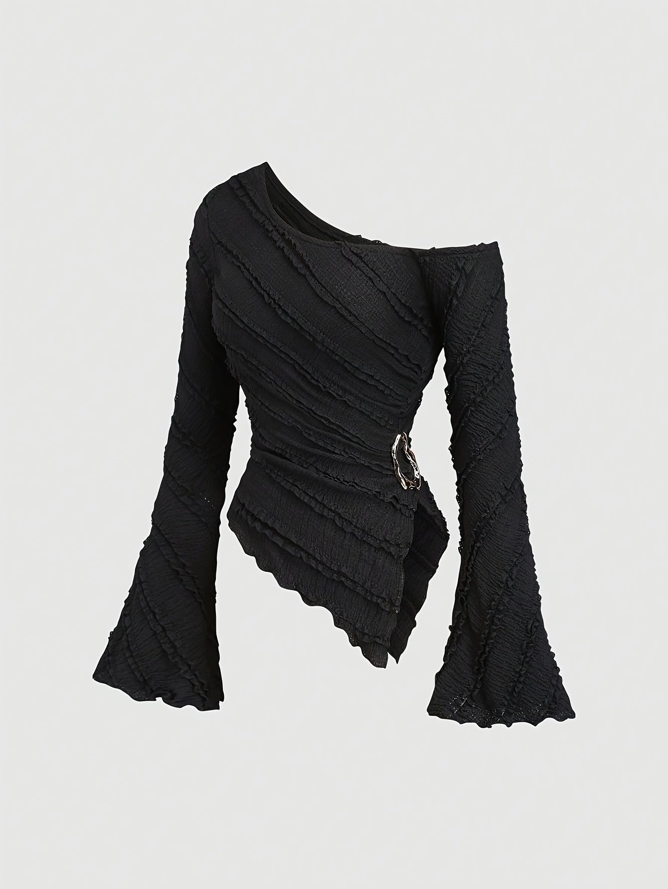 Blouse asymétrique manches cloche pour femmes – col avec boutons métal, semi-transparente, anti-froissement, adaptée toutes saisons, tenue professionnelle décontractée à formelle