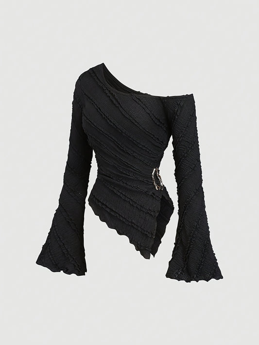 Blouse asymétrique manches cloche pour femmes – col avec boutons métal, semi-transparente, anti-froissement, adaptée toutes saisons, tenue professionnelle décontractée à formelle