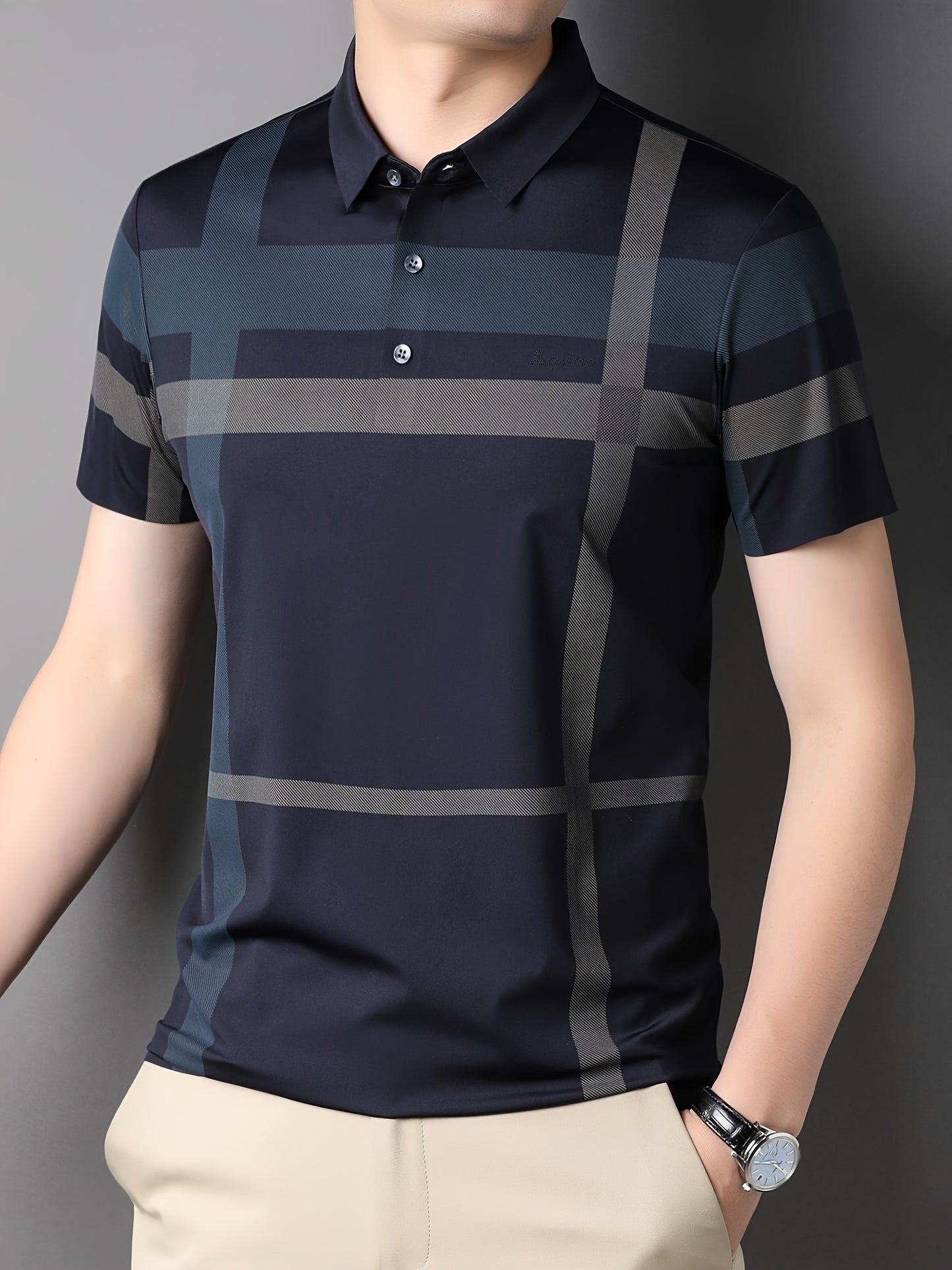 Summer New Men's Short Sleeve T-Shirt with Plaid Collar