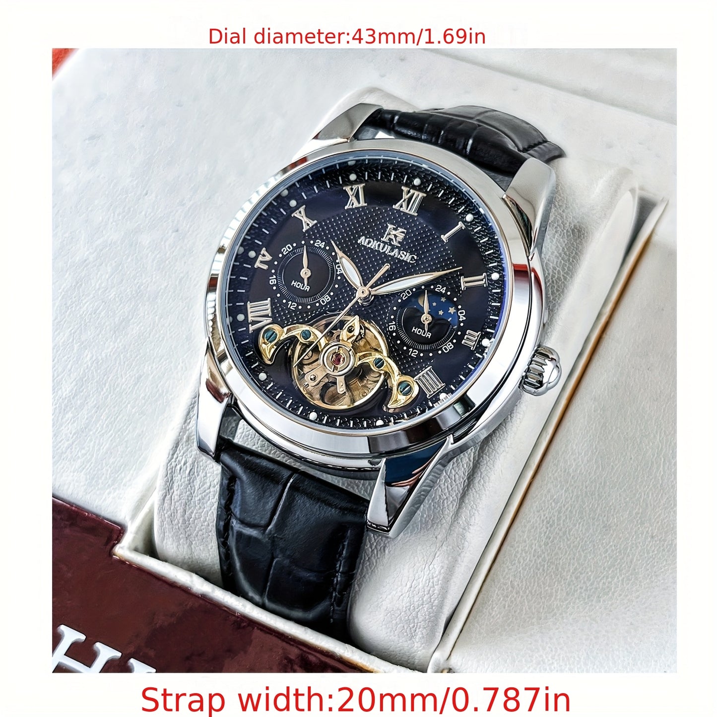 Luxury Automatic Mechanical Watch for Men - Fashionable and Versatile Casual Style - Light Luxury High-end Sun, Moon, Stars 24-Hour Function - Automatic Winding Luminous Hands - Business Demeanor Style - Gift for V