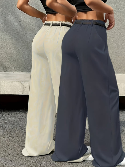 Lot de 2 Pantalons Femme – Couleur Unie, Jambe Longue, Confortable avec Poches, Sans Ceinture, Automne/Hiver