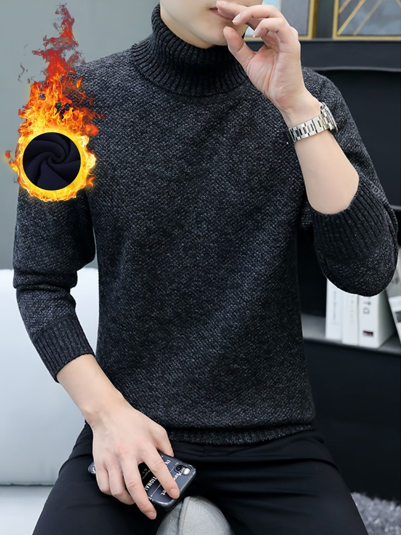 Men'S High-Neck Thickened Fleece Sweater for Autumn And Winter, Casual Pullover Knit Top.