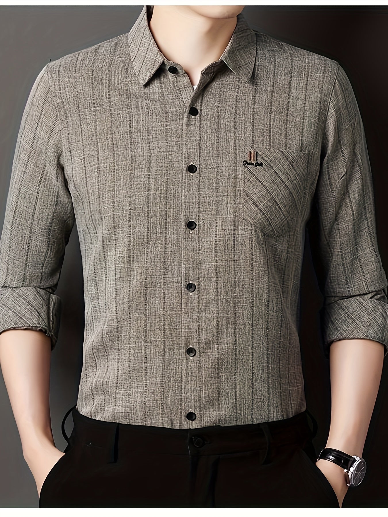 Men'S Striped Shirt with a Chest Pocket, Casual Long-Sleeve Shirt with a Collar.