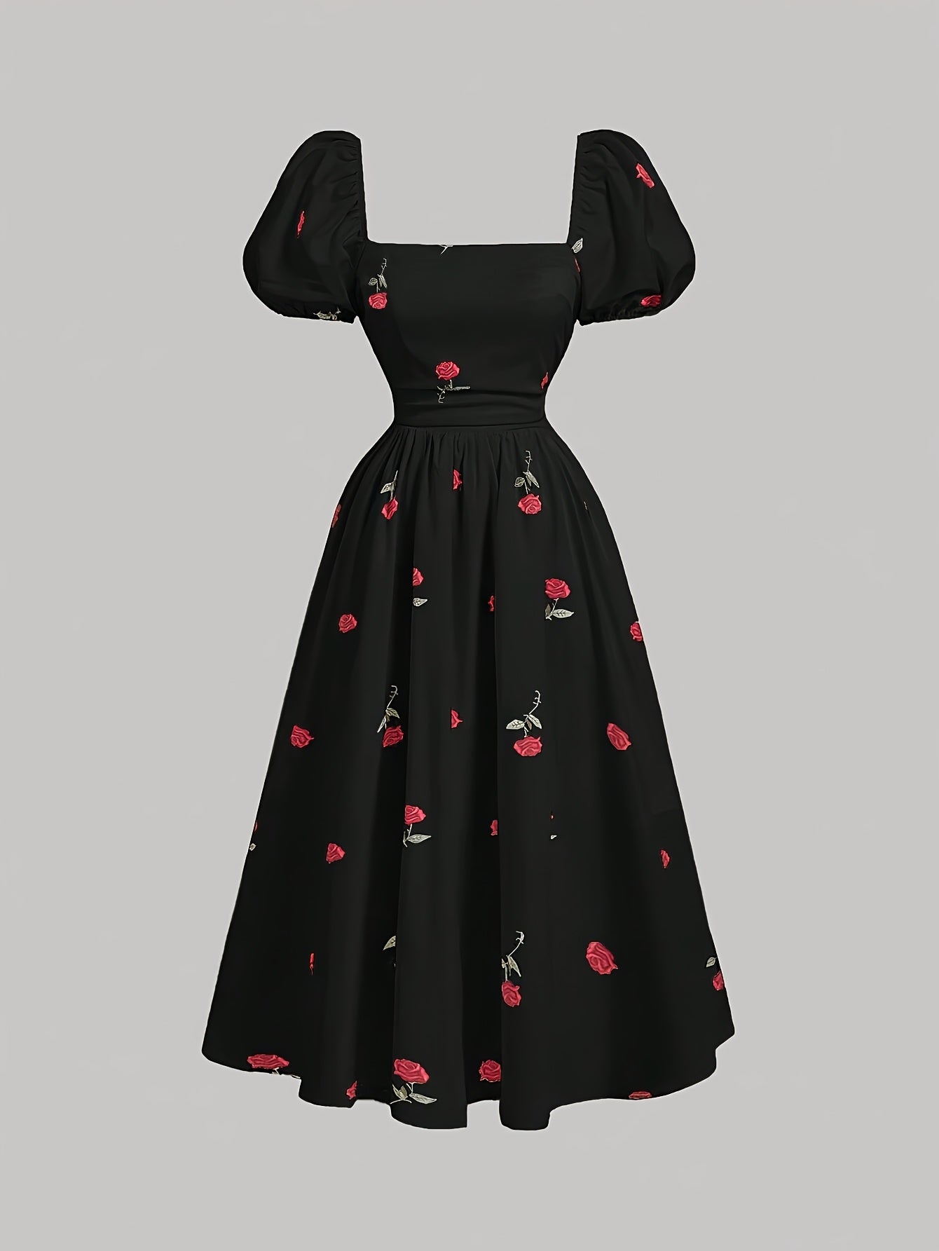 Robe élégante pour femmes à col carré – Imprimé floral, manches courtes, coupe ajustée en A, roses rouges et feuilles vertes, légère et lavable en machine, printemps/été/automne, casual à semi-formel