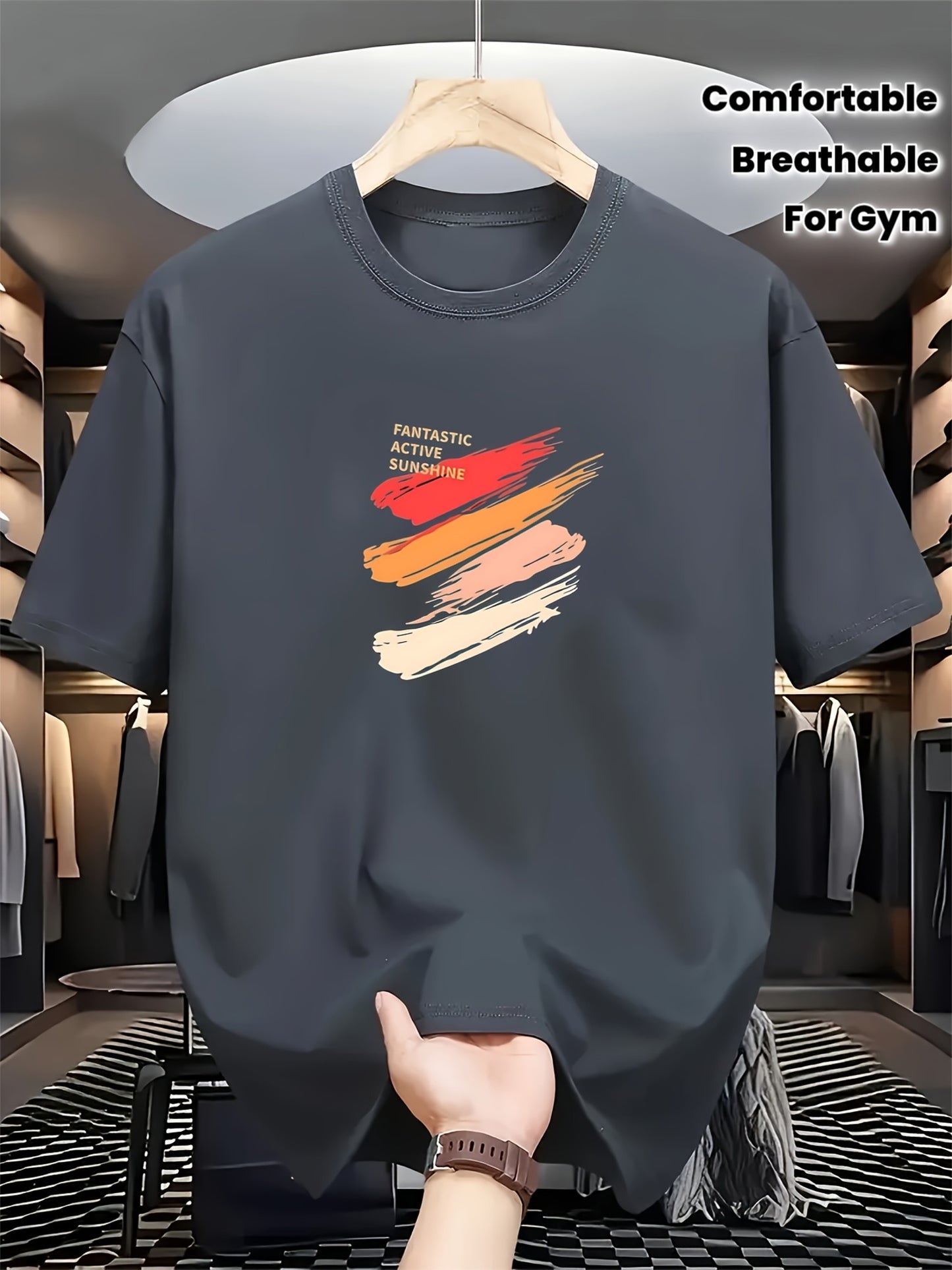 Men's Black T-Shirt - Soft Breathable Crew Neck Tee with Red/Beige/Orange Accent Stripe, Everyday Casual Shirt for Gym, Outings, Parties - All-Season Comfort Fit, Weekend Attire, Sporty Design, Comfortable Material, Short Sle
