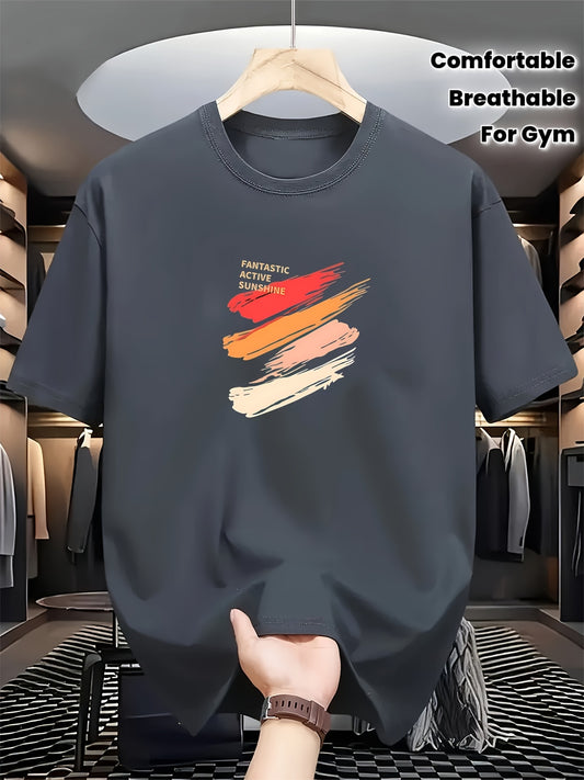 Men's Black T-Shirt - Soft Breathable Crew Neck Tee with Red/Beige/Orange Accent Stripe, Everyday Casual Shirt for Gym, Outings, Parties - All-Season Comfort Fit, Weekend Attire, Sporty Design, Comfortable Material, Short Sle