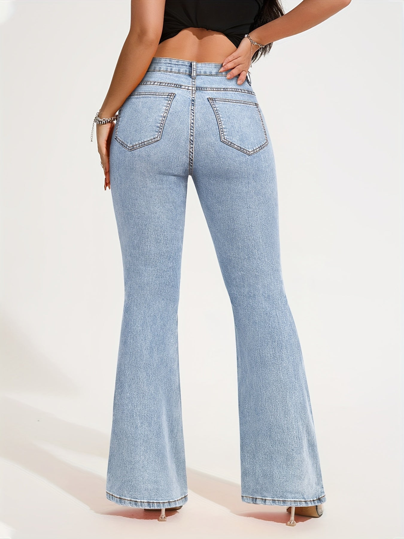 Jean évasé taille haute en denim stretch pour femme - Pantalon élégant gris délavé à jambes évasées avec fermeture à boutons, confortable en toute saison, jean taille haute