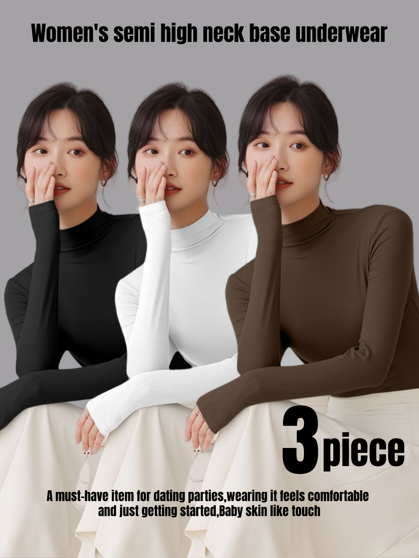 Lot de 3 sous-vêtements thermiques slim, manches longues, col montant, pour femmes, automne et hiver