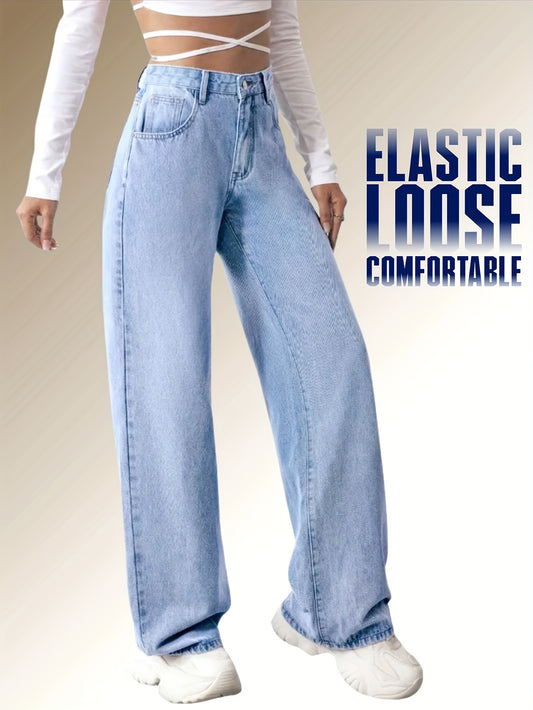 Jeans Femme Taille Haute – Jambe Large Extensible, Denim Bleu Clair Effet Vintage, Détail Boutons, Taille Élastique, Confort Toutes Saisons, Idéal Bureau et Tenue Décontractée, Coupe Relâchée et Tissu Confortable, Style Élégant