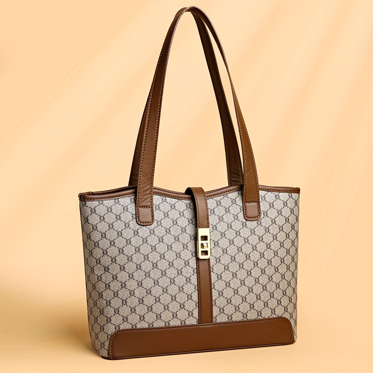 Sac cabas grande capacité pour femme – Café et gris, ferrures dorées, fermeture éclair, anses solides, bandoulière détachable, élégant pour travail et voyage