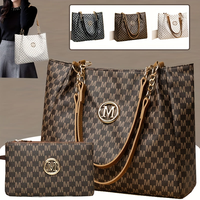 Set Sac Cabas et Portefeuille Femme– Sac à Main à Motif Lettre avec Logo Doré « M », Bandoulière Fixe, Idéal pour Déplacements Quotidiens, Travail, Rangement, Pochette à Rouge à Lèvres, Portefeuille, Sac de Shopping, Grande Capacité, Sac de Voyage