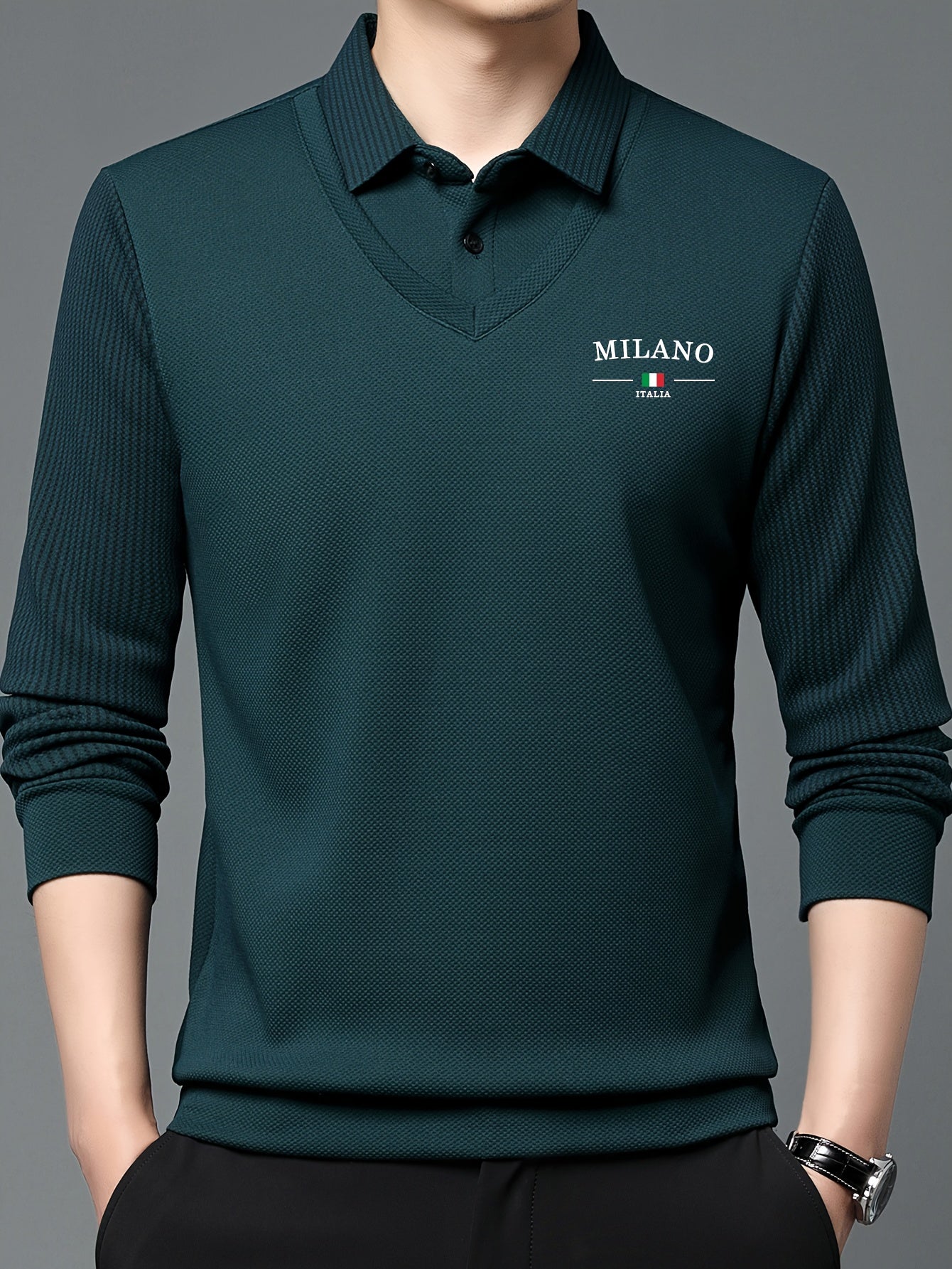 Men's All-Season Long Sleeve Shirt - Dark Green with White Contrast Collar &, Italian-Inspired Logo (Milano Italy Flag), Button-Front Placket, Casual to Smart-Casual Wear, Versatile for, Office & Everyday - Regular Fit