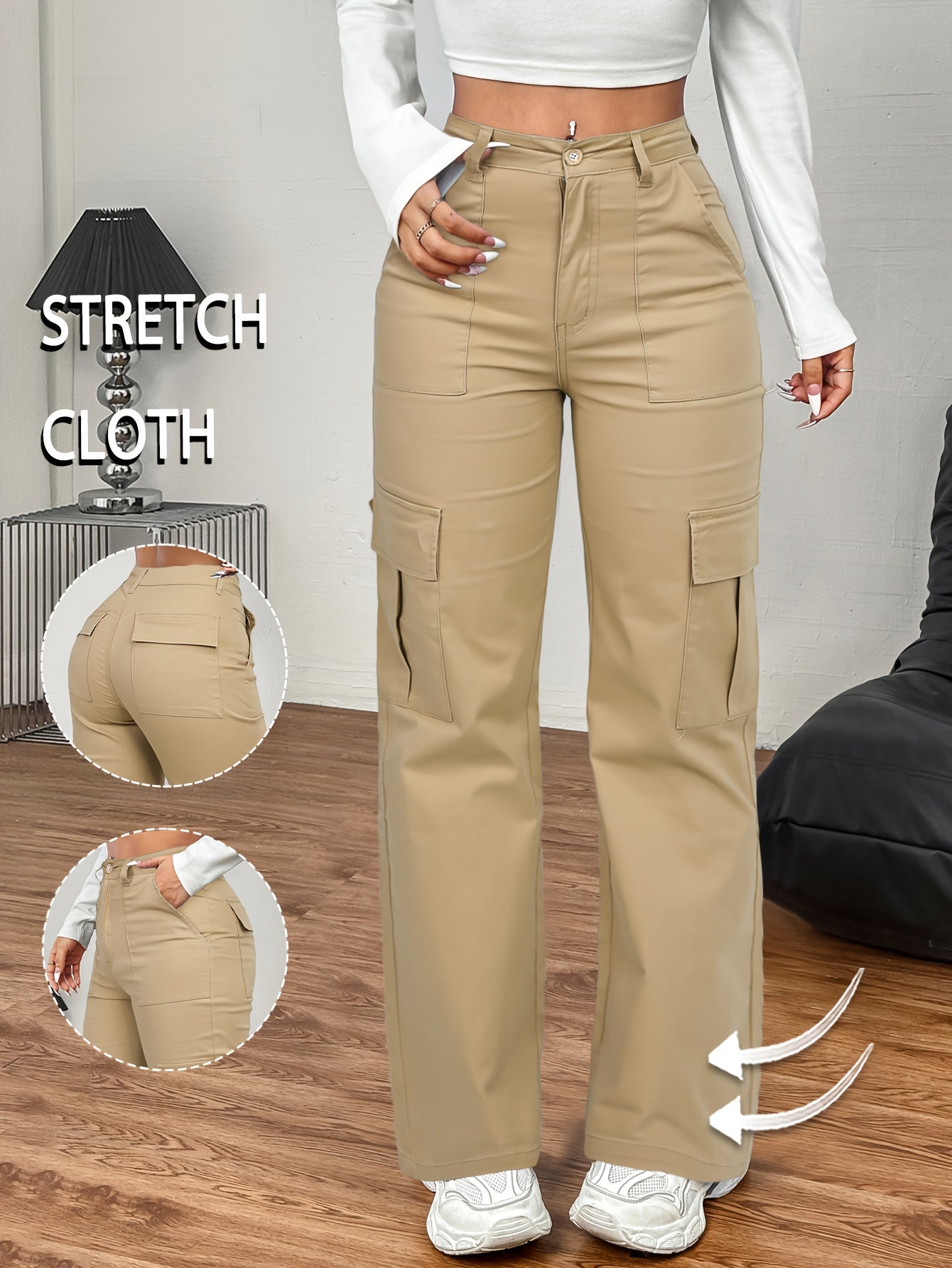 Jeans Cargo Femme – Taille Haute, Beige, Poches Multiples, Jambe Droite, Style Streetwear Hip-Hop