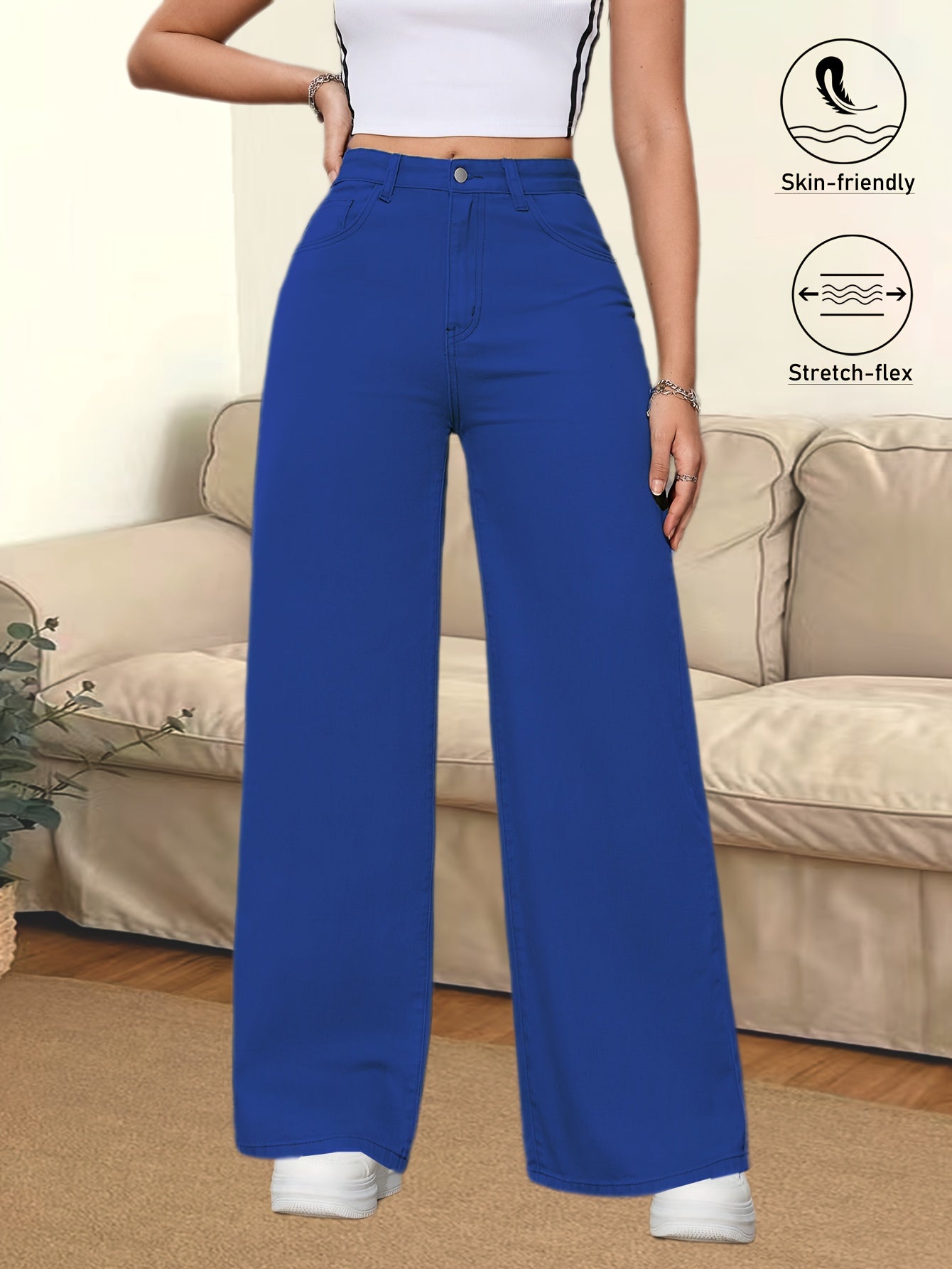 Jeans Femme Marron Café Jambe Large Poches Multiples Boutons Taille Mi-Haute Extensible Toute Saison Polyvalent Confortable Élégant