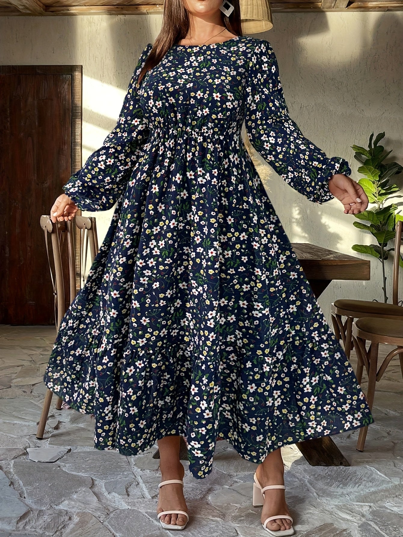 Robe Longue Grande Taille Élégante – Imprimé Floral, Manches Lanternes, Col Rond, Coupe Ample, Tissu Non Extensible, Idéale Printemps/Automne et Soirées Semi-Formelles