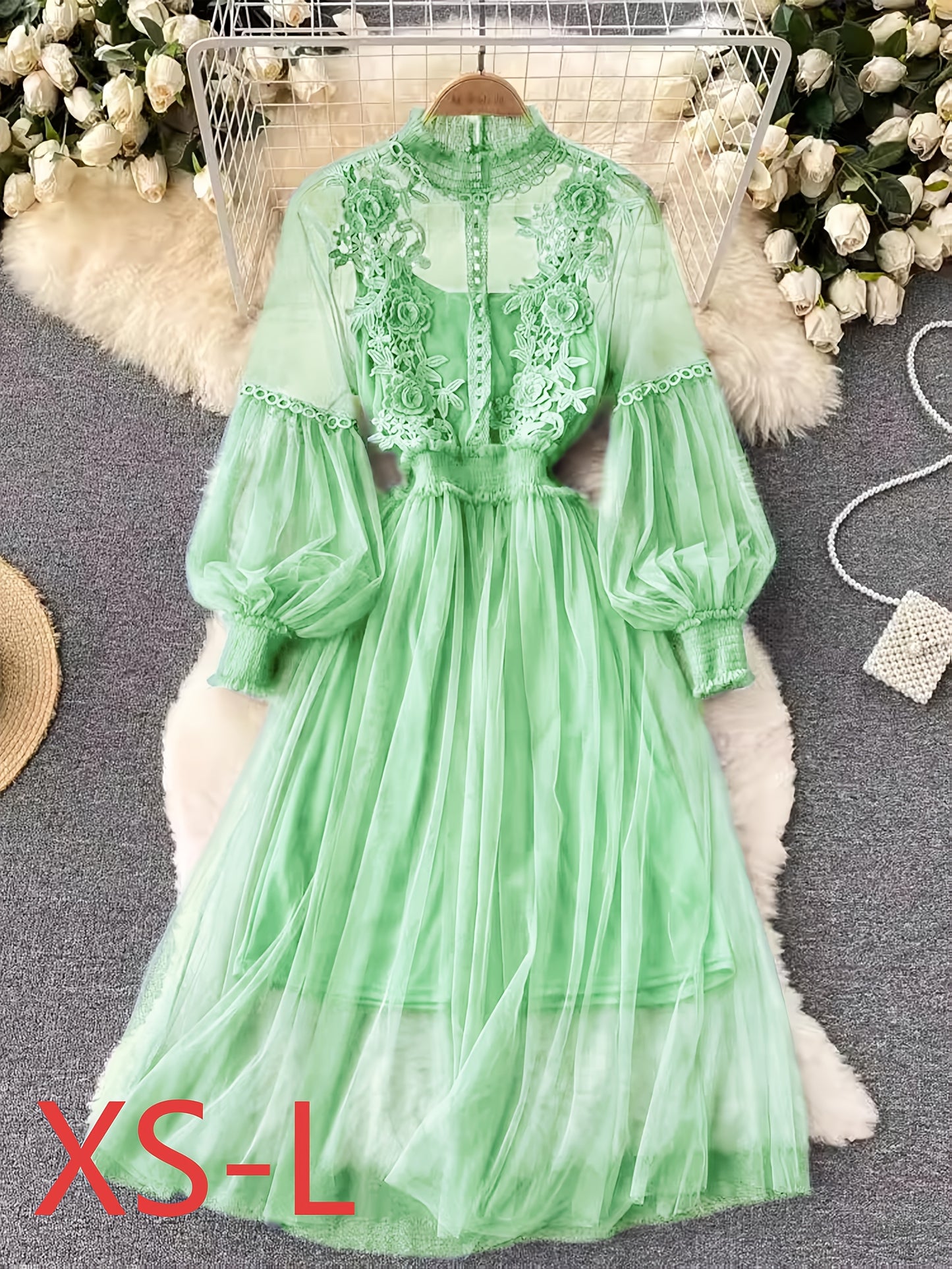 Ensemble Robe Élégante Femme – Blouse Transparente Brodée Florale avec Manches Lanternes, Jupe Longue Fluide, Débardeur en Dentelle, Idéal Printemps/Été/Automne, Cadeau Luxueux pour Femme