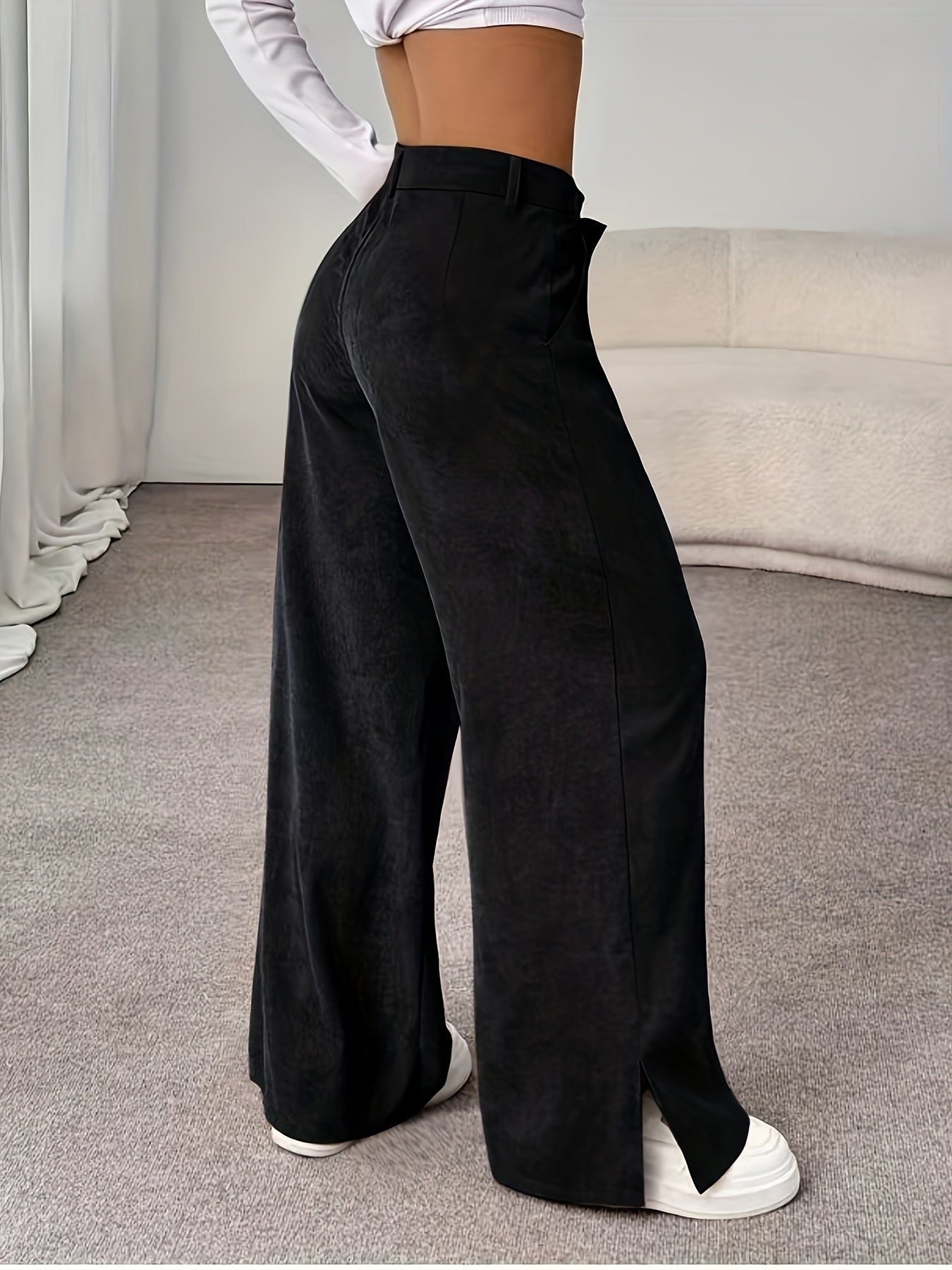 Pantalon Femme Décontracté Jambe Large – Poches Latérales, Tous Saisons, Bureau et Décontracté