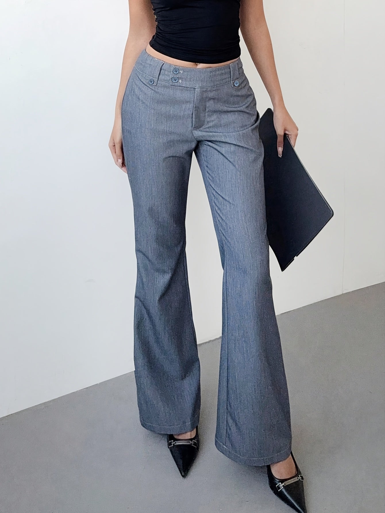 Pantalon Femme Taille Basse Évasé – Bureau et Décontracté, Boutons, Tous Saisons, Élégant et Polyvalent