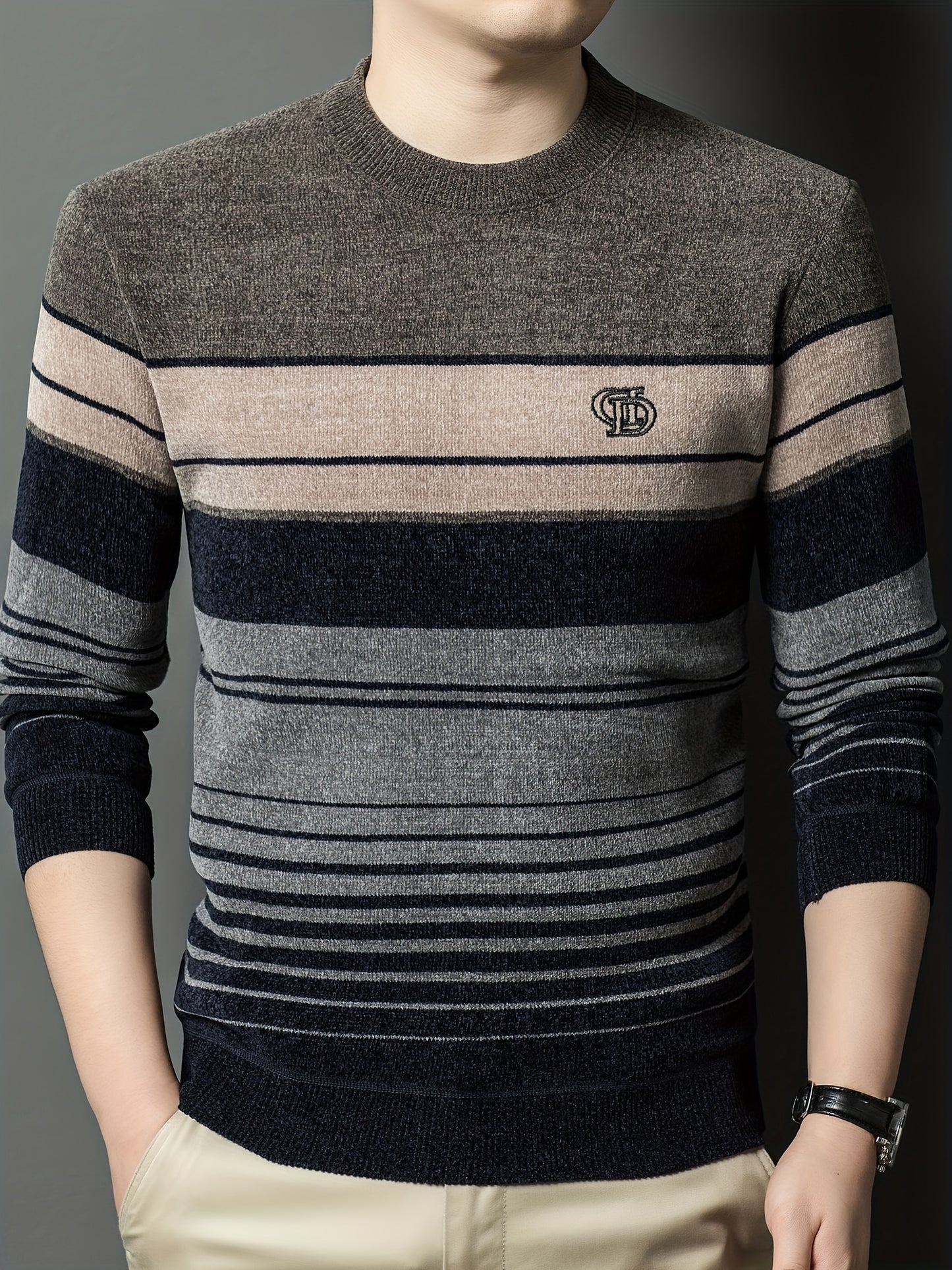 Men's Winter Thermal Fleece-Lined Striped Sweater - Thickened Warm Pullover with Embroidered Logo, Casual Round Neck Long Sleeve Knit Top, Machine Washable (Black/Brown/Beige), Cold Weather Apparel, Ribbed Texture, Comfortabl
