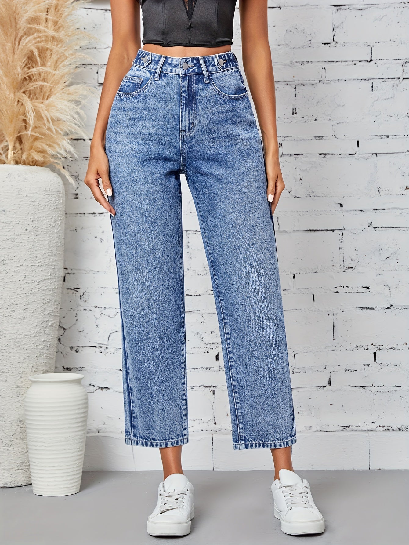 Jeans Femme Jambe Droite Décontracté Extensible Taille Mi-Haute Boutons Bleu Clair Effet Usé Toute Saison Confortable