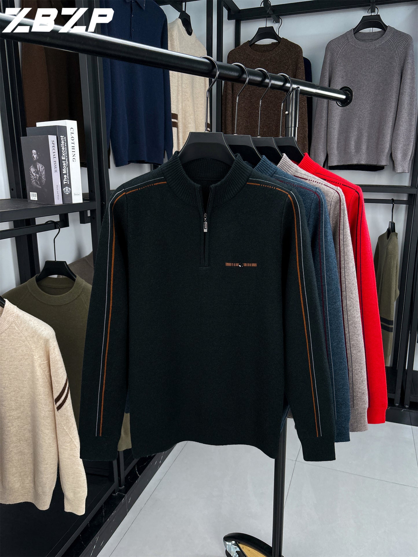 Men's Heavyweight Half-Zip Sweater - Stand Collar Zippered Winter Knit Sweater with Striped Collar & Back Logo, Dark Blue Casual Warm Pullover for Fall/Winter, Versatile Layering for Office & Casual Attire