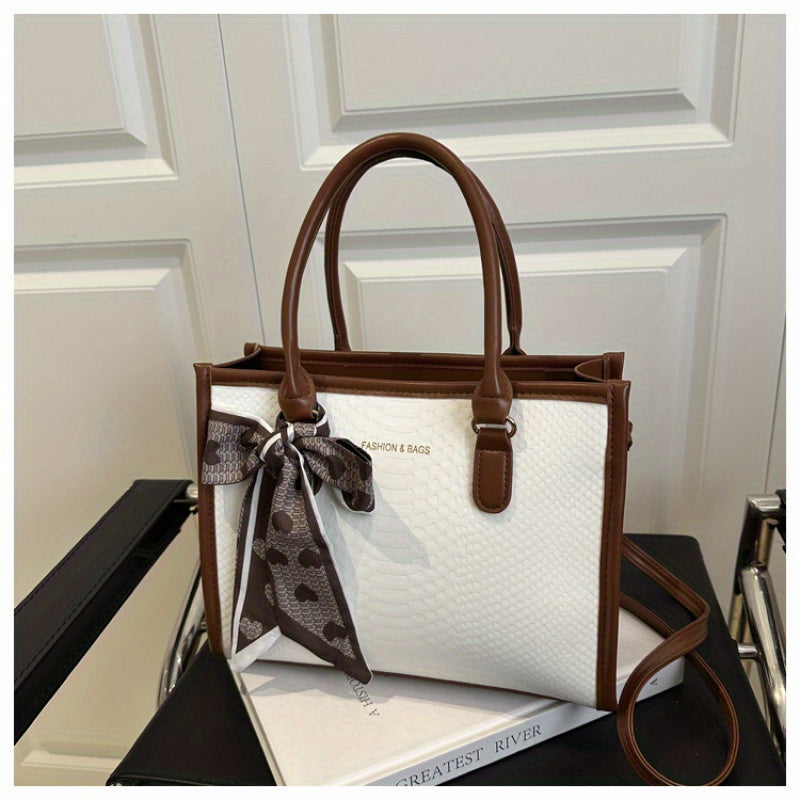 Sac à main grande capacité pour femmes – design bicolore noir et blanc, détails en chaîne et nœud