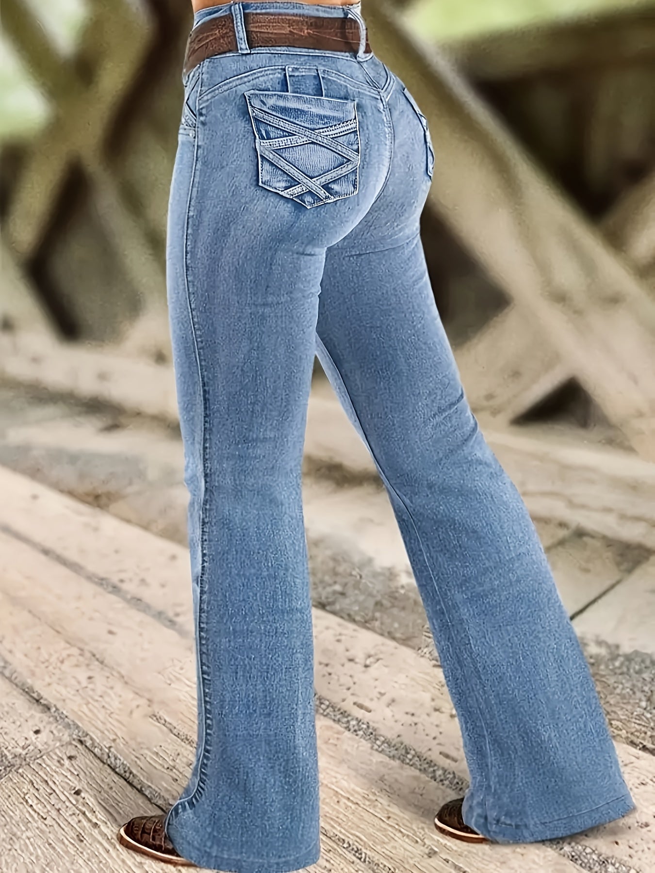 Jean évasé taille haute pour femme - Pantalon bleu délavé avec passants de ceinture et fermeture éclair, coupe slim gainante