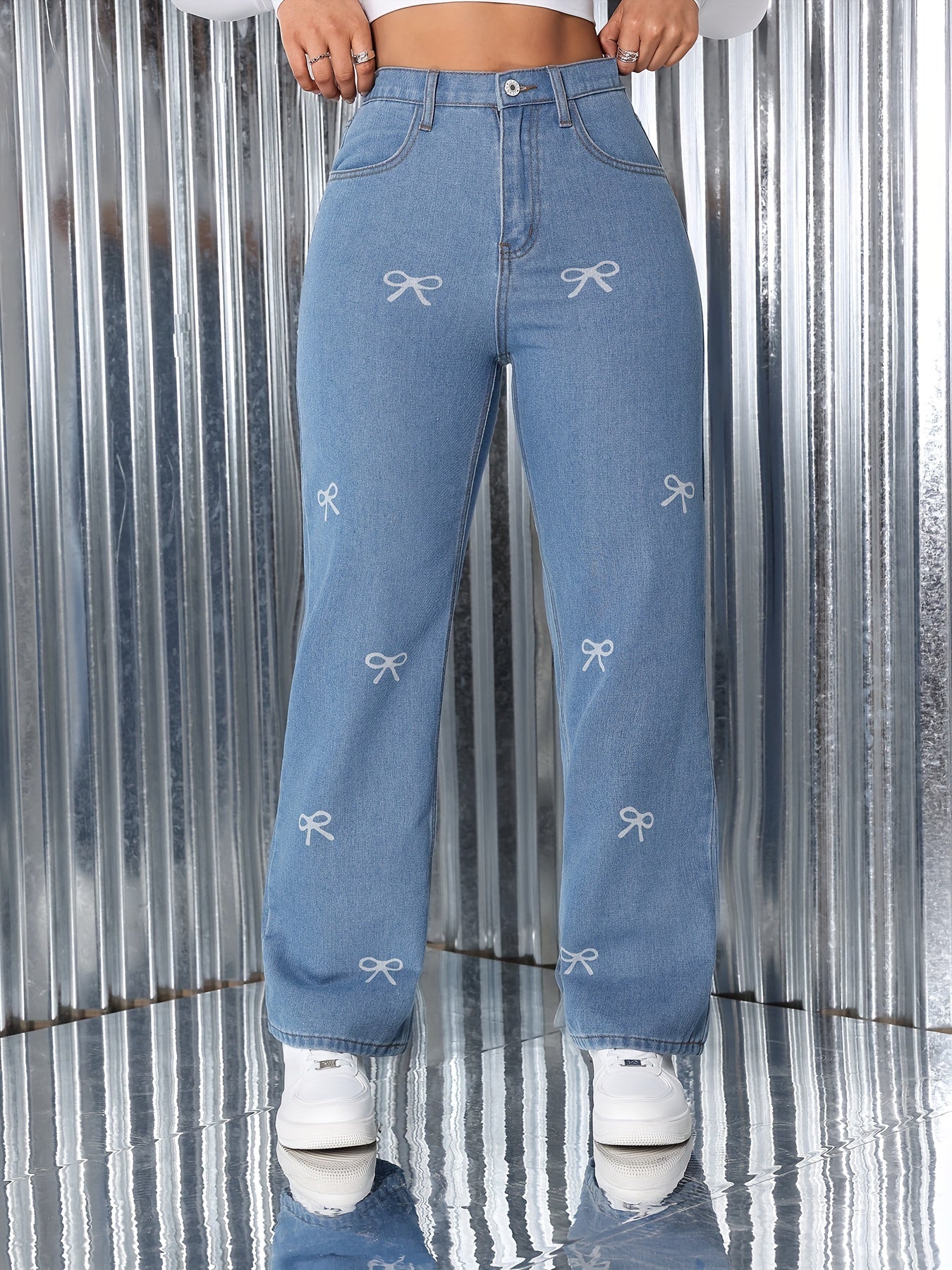 Jeans Femme Jambe Droite Décontracté Denim Avec Nœud Confortable