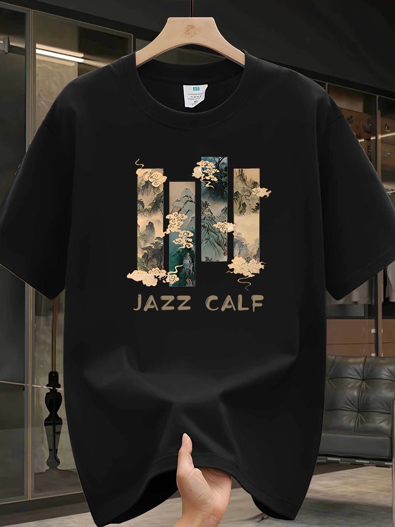 Men's Heavyweight 100% Cotton Oversized T-Shirt with Jazz Calf Graphic Print - White Summer Casual Round Neck Short Sleeve Tee, Large Size Breathable Fabric for Casual Attire & Jazz-Themed Events, Machine Washable Youthful St