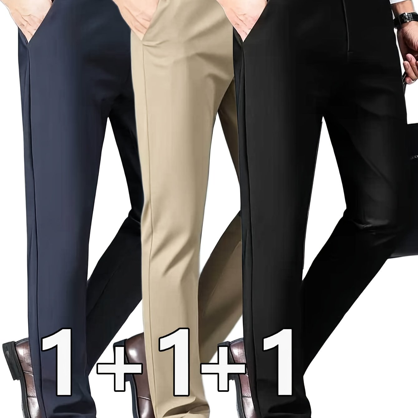 3pcs Pantalons Homme Classiques Stretch – Uni, Regular Fit, Tout Saison, Bureau & Casual