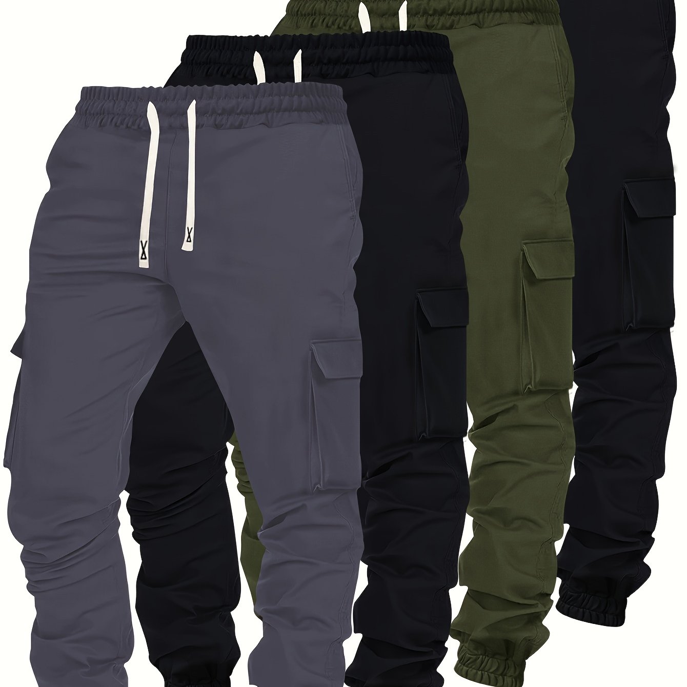 Lot de 4 pantalons cargo homme robustes – Pantalons toutes saisons avec multiples poches, taille à cordon élastique et passants de ceinture, idéaux randonnée, jogging, casual – Lavables en machine (noir/olive/beige/bleu marine) – Coupe régulière