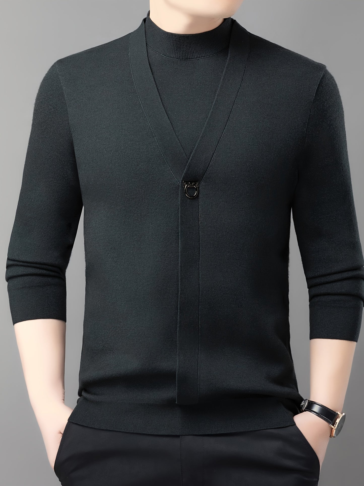 New Autumn And Winter Men'S Fashion: a Round-Neck Long-Sleeve Sweater That Looks Like a Two-Piece, Suitable for Business Casual Wear, Featuring a Faux Placket Design, Knit