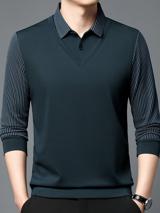 Men'S Casual Two-Tone Polo Shirt - Lightweight Loose Fit Solid Color Top with Button Collar, Long Sleeves, and Chest Pockets for Spring/Fall, Perfect for Casual Attire, Spring Fall Apparel | Classic Collar Design | Slight Str