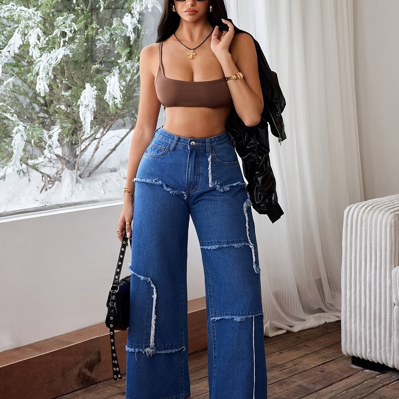 Pantalon Femme Taille Mi-Haute Denim Extensible Jambe Large Effet Déchiré Asymétrique Détail Franges Genou Confort Toute Saison Décontracté Streetwear