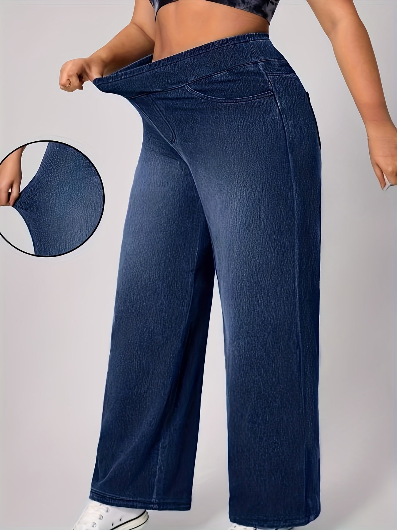 Jeans Femme Taille Haute Jambe Large Extensible Non Transparent Ceinture Élastique Toute Saison Poches Polyvalent Grande Taille