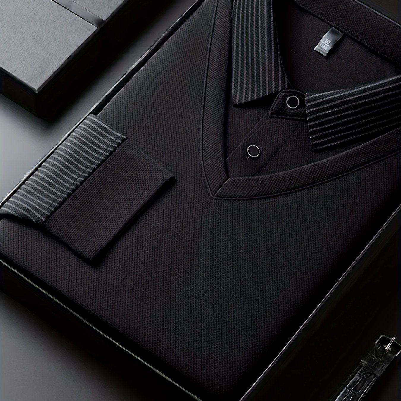 Men'S Faux Two-Piece Shirt Collar Knitwear, a Business Casual Striped Patchwork Top Featuring a Milano Letter Print Design, Available in Various Colors. It Has a Gray And Golden Contrasting Collar And Cuffs, a Simple Solid Co