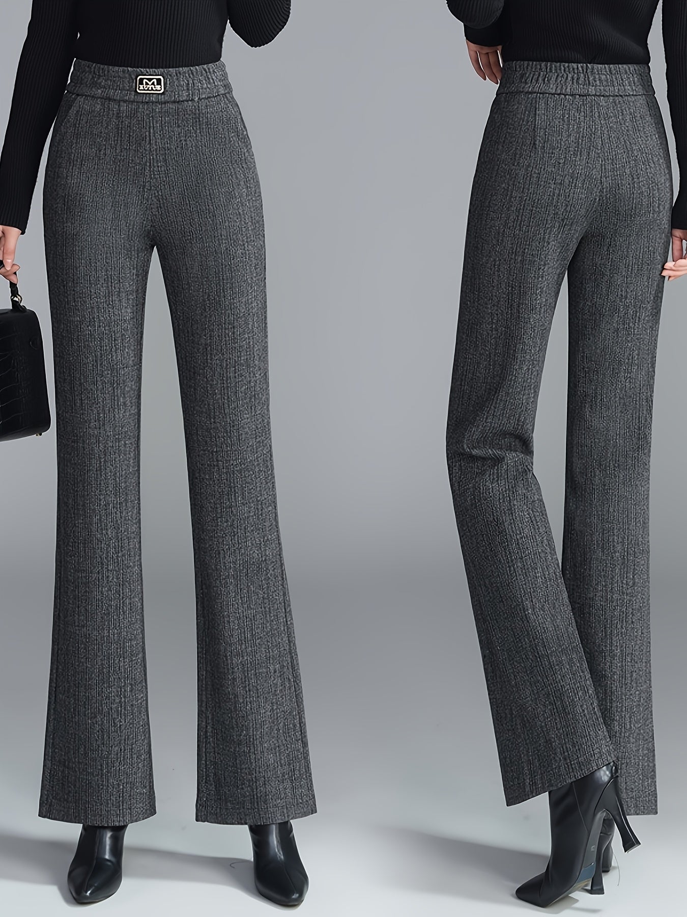 Pantalon Femme Taille Haute en Tweed – Jambe Évasée, Style Coréen, Taille Élastique Sans Ceinture, Gris/Noir