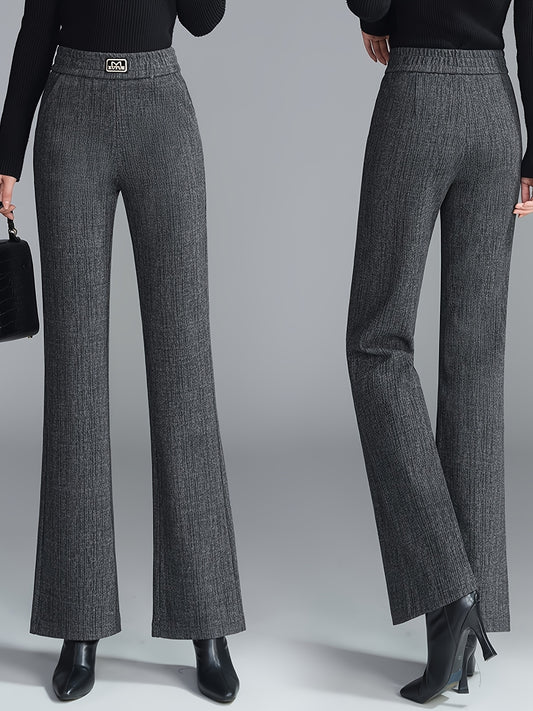 Pantalon Femme Taille Haute en Tweed – Jambe Évasée, Style Coréen, Taille Élastique Sans Ceinture, Gris/Noir