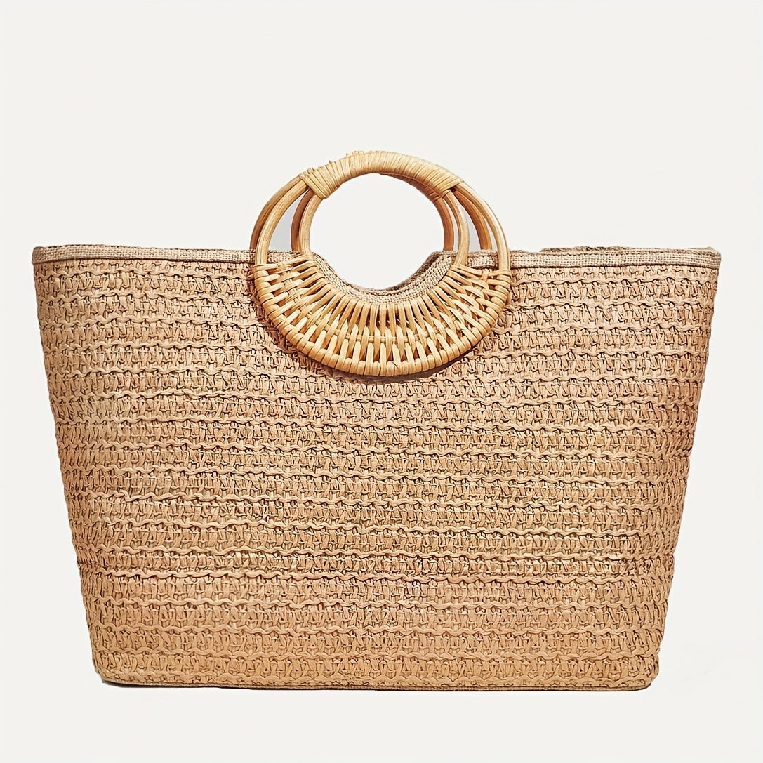 Sac Cabas Femme Brodé et Perlé à Motif Floral – Poignée Tressée, Grande Capacité, Style Décontracté Plage et Vacances, Bandoulières Fixes, Fermeture Éclair, Doublure en Polyester, Multicolore